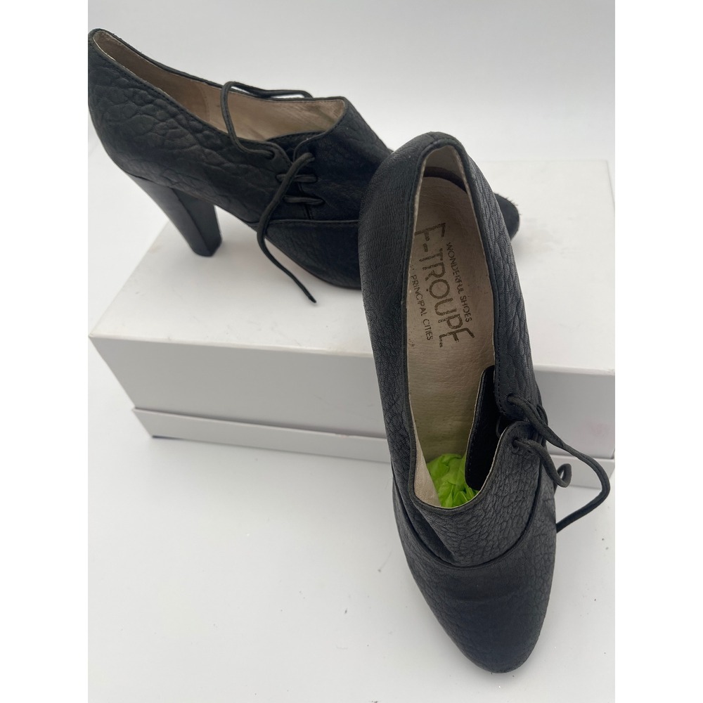 F-Troupe Black Pebbled Leather Lace Up Stacked Heel Pumps Size 36 Academia style